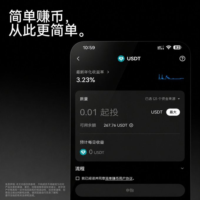 A Chinese advertisement for OKX's "Simple Earn" feature, highlighting a 3.23% latest annualized yield on USDT with a minimum investment of 0.01 USDT from an available balance of 267.76 USDT, aligning with the post's discussion about simplified earning rules and pool-based investing on OKX.
