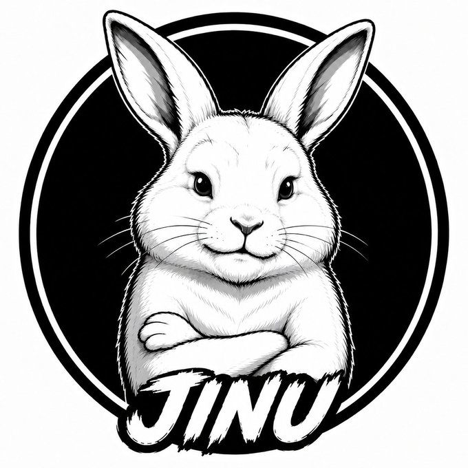 Black and white illustration of a white rabbit with crossed paws inside a black circle, with the stylized text 'JINO' below it.