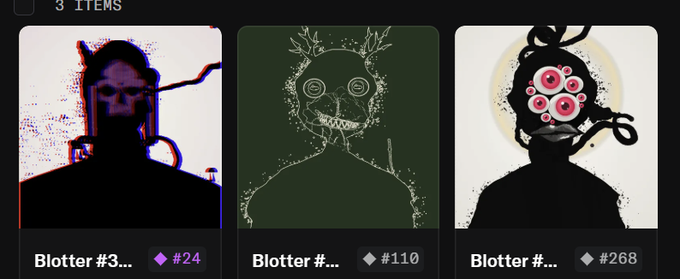 Three NFT artwork listings titled "Blotter #3...", "#110", and "#268" are displayed on what appears to be a marketplace, each featuring dark, psychedelic-style illustrations of figures with distorted faces and multiple eyes, directly connecting to the post's offer to "snipe" a Blotter NFT and receive a second one free.