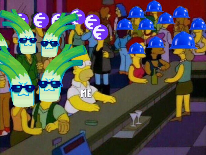 A Simpsons meme shows Homer labeled "ME" looking shocked at a bar while people with hard hats (Chads) and leeks with sunglasses (with euro symbols) surround him.