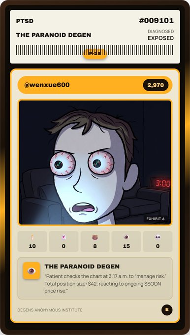 A digital trading card titled "PTSD" #009101 features "THE PARANOID DEGEN" as "DIAGNOSED EXPOSED," showing a bloodshot-eyed cartoon character in a dark room with a "3:00" clock, describing a patient checking charts to manage risk amid $SOON price rises.