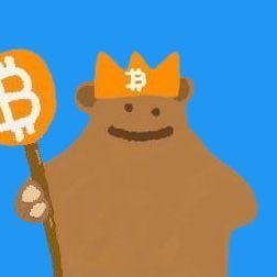 A cartoon illustration of a brown bear wearing a crown with the Bitcoin symbol, holding a staff with a Bitcoin logo against a blue background.