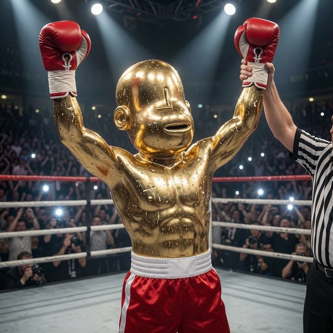 A golden humanoid boxer with red gloves stands triumphantly in a ring with arms raised, while a referee holds up their hand in victory before a cheering crowd.