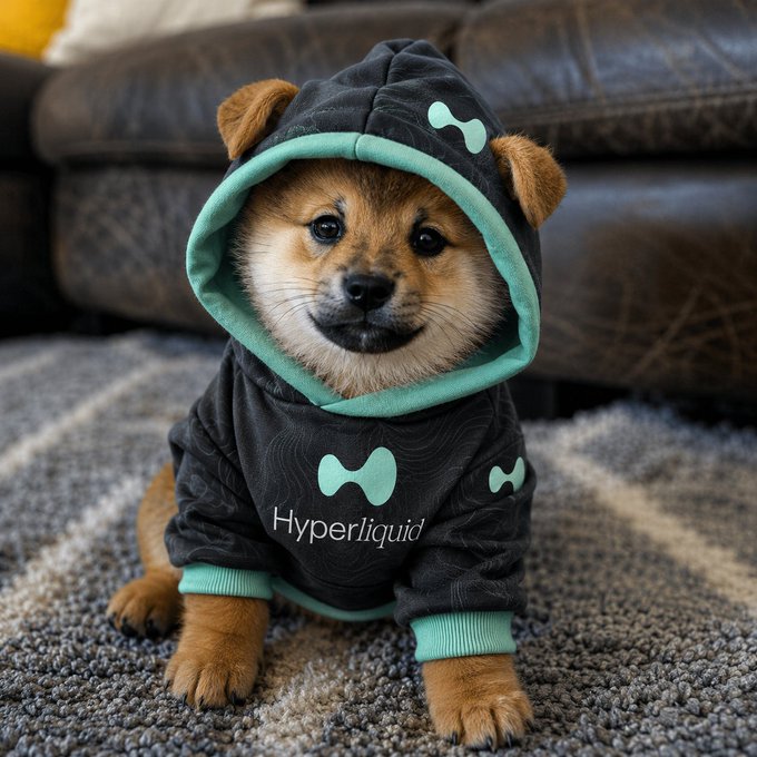 The image features a small brown dog wearing a hoodie with green lettering, sitting on a gray carpeted floor. The dog's eyes are looking directly at the camera, giving off an adorable and playful vibe. There is no text present in the image that connects it to the caption provided.