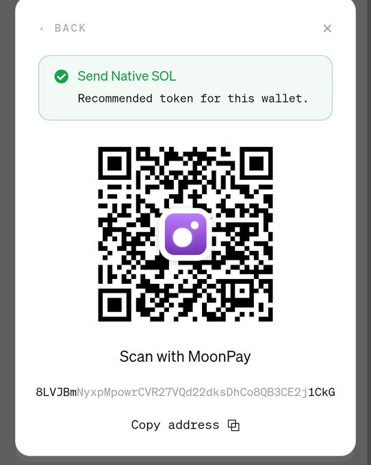 A MoonPay wallet interface displaying a QR code for sending Native SOL, with the recommended token notification and a Solana wallet address beginning with 8LVJBm.