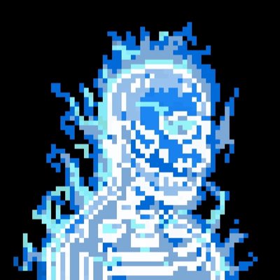 Pixel art of a blue spectral figure with a distressed face against a black background.
