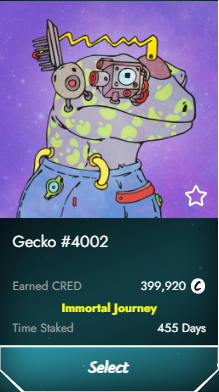 A mobile app screen displaying 'Gecko #4002' NFT character with earned CRED of 399,920, labeled 'Immortal Journey', staked for 455 Days, with a 'Select' button.