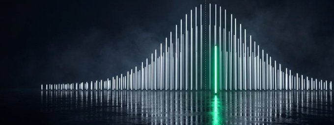 A digital art piece displaying a symmetric array of white vertical bars resembling an audio waveform or equalizer, with a single green-highlighted bar in the center, set against a dark smoky background with reflections on a glossy surface.
