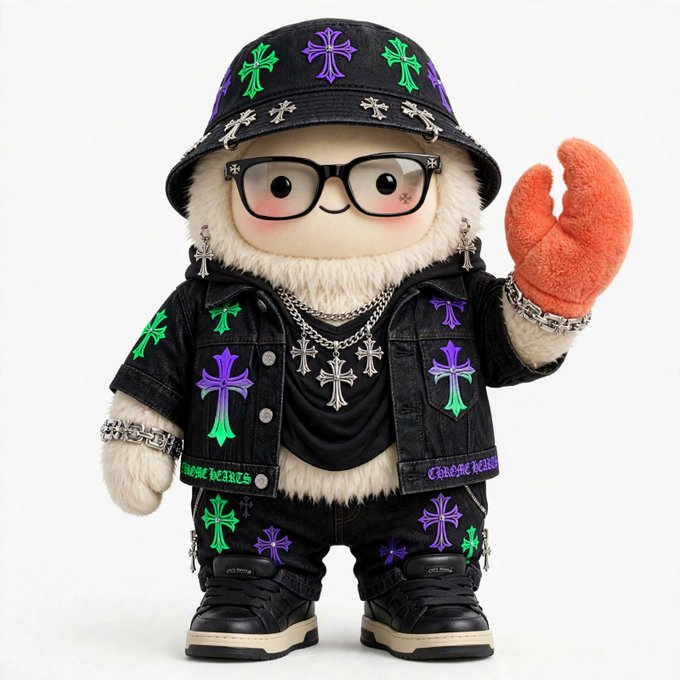 A plush toy figure wearing a black bucket hat, glasses, a denim jacket with neon green and purple cross designs, a black t-shirt, and black sneakers waves with one hand wearing an orange claw glove.
