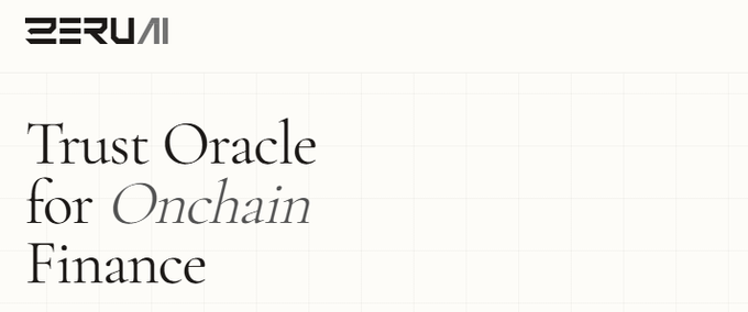 A minimalist logo graphic for ZeroAI reading 'Trust Oracle for Onchain Finance' in black serif text on a white background.