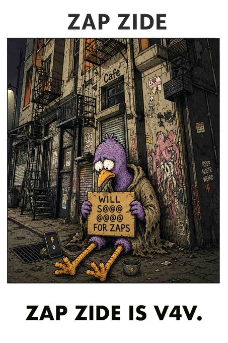 Cartoon illustration of a disheveled purple bird holding a sign reading 'WILL S@@@ @@@@ FOR ZAPS' in a dark urban alley, captioned 'ZAP ZIDE' above and 'ZAP ZIDE IS V4V.' below.