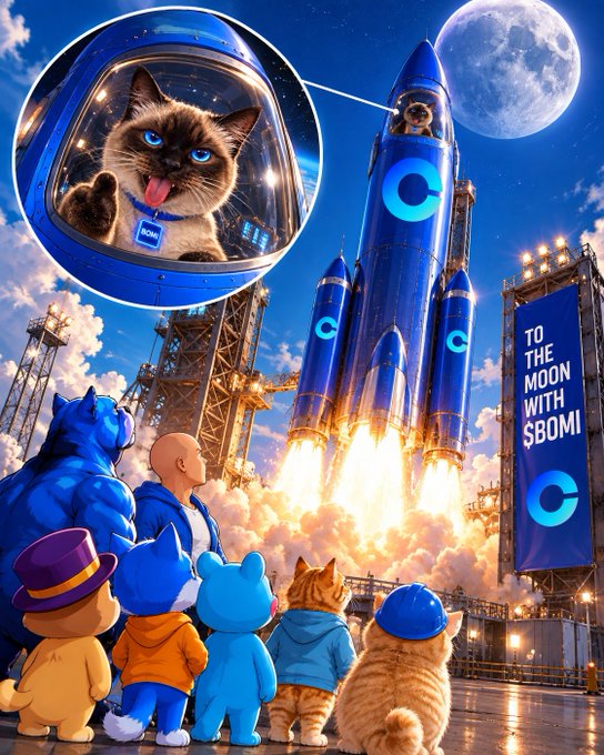 A promotional image for 'BOMI' showing a blue rocket launching toward the moon, with a Siamese cat pilot in the cockpit and various animal and human characters watching from below; text reads 'TO THE MOON WITH $BOMI'.