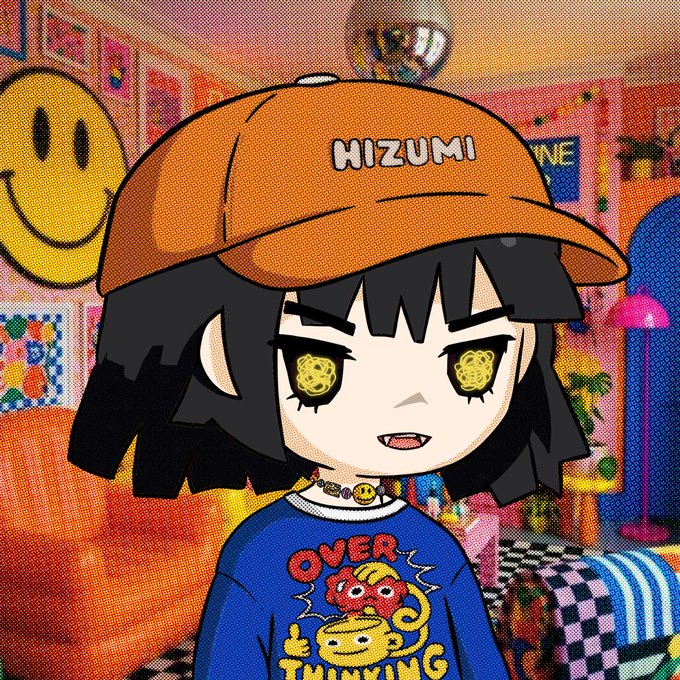 An anime-style illustration of a character wearing an orange cap labeled 'HIZUMI' and a blue 'OVER THINKING' shirt, set in a colorful room with a smiley face.