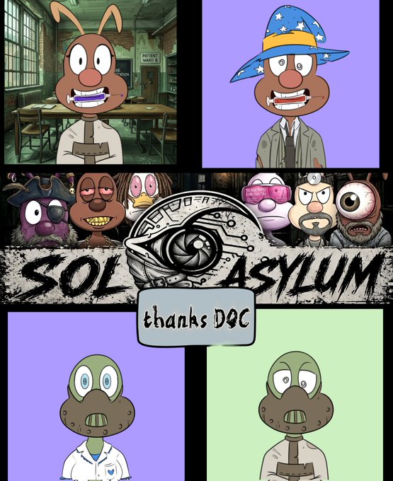 The image features a cartoon illustration of a group of cartoon characters, including a brown rabbit with a hat, sitting around a table. The characters are wearing hats and have various expressions on their faces. In addition to the main characters, there are other cartoon characters in the background as well. The post is titled "SolAsylum" and includes text that says "Thanks DC @sol Asylum NFT collection on @DocOnChainX was kind enough to gift me 2 of these jawns so I went and matched it where I was able to acquire an awesome Wizard."