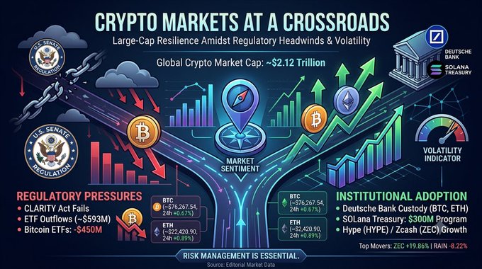 An infographic titled "CRYPTO MARKETS AT A CROSSROADS" showing regulatory pressures vs. institutional adoption, with Global Crypto Market Cap at ~$2.12 Trillion, BTC, ETH prices, and mentions of Deutsche Bank Custody and Solana Treasury $300M Program.