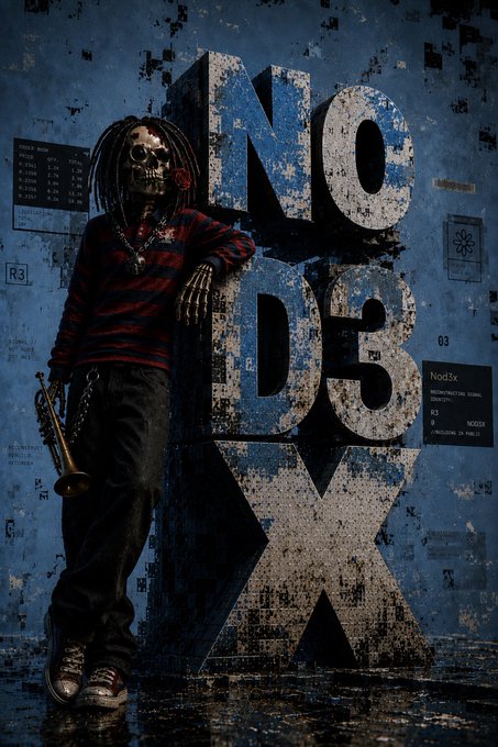 A dark, grungy poster-style image features a skeletal figure with dreadlocks holding a trumpet, leaning against large weathered blue letters spelling 'NOD3X' on a textured wall covered with technical markings.