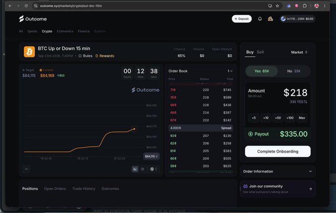 A screenshot of the Outcome.xyz prediction market platform showing a 'BTC Up or Down 15 min' market with a price chart, order book, and a 'Complete Onboarding' prompt.