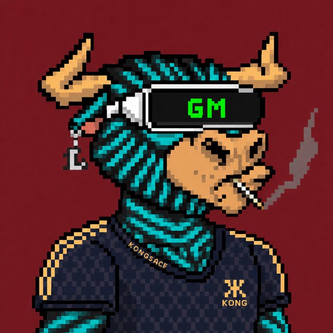 A pixel art illustration of a horned, cyberpunk-styled figure wearing a VR headset displaying "GM" in green text, dressed in a KONG tracksuit and smoking a cigarette, visually representing the "Gm crypto lovers" greeting with its futuristic, blockchain-inspired aesthetic.