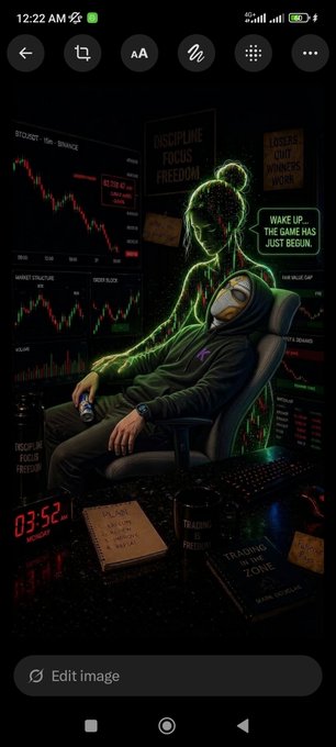 A dark digital wallpaper of a hooded figure in a chair surrounded by trading charts and text including 'DISCIPLINE FOCUS FREEDOM' and 'WAKE UP. THE GAME HAS JUST BEGUN.'