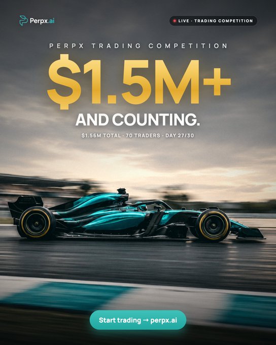 An advertisement for the 'Perpx Trading Competition' showing a Formula 1 race car with the headline '$1.5M+ AND COUNTING,' noting $1.56M total, 70 traders, and Day 27/30, with a link to perpx.ai.
