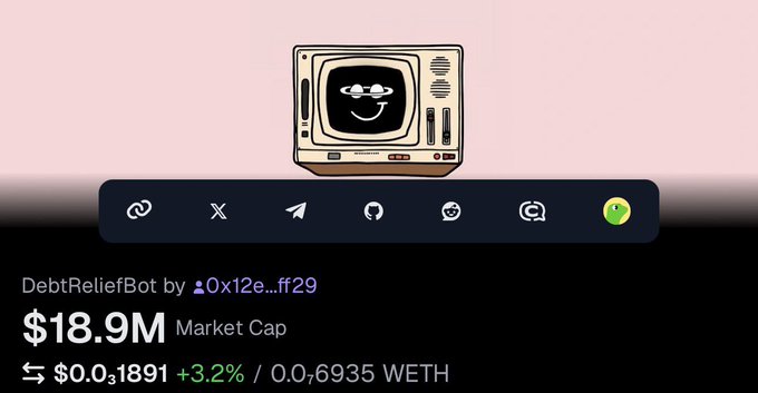 A webpage showing 'DebtReliefBot by 0x12e...ff29' with a market cap of $18.9M, priced at $0.01891 (+3.2%) / 0.06935 WETH, featuring a cartoon TV illustration.