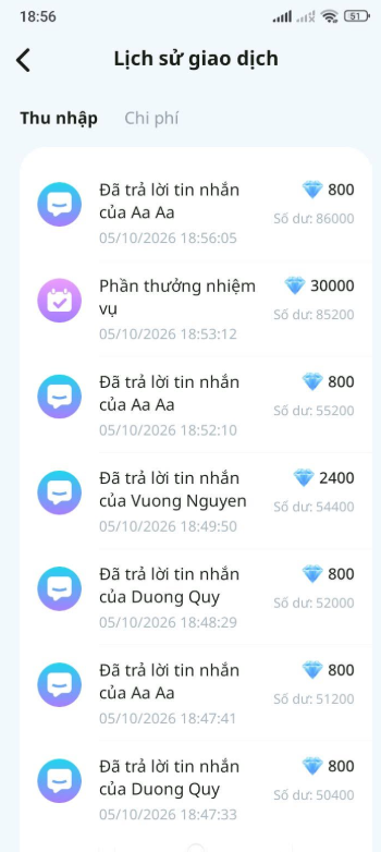 A mobile app screen in Vietnamese titled 'Lịch sử giao dịch' (Transaction History) showing diamond rewards and balance updates from 05/10/2026.