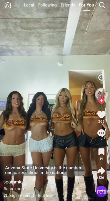 A TikTok screenshot from "fetri" shows four women in Arizona State University ("university of partying") crop tops, with text reading "Arizona State University is the number one party school in the nation" and hashtags #asu #more.