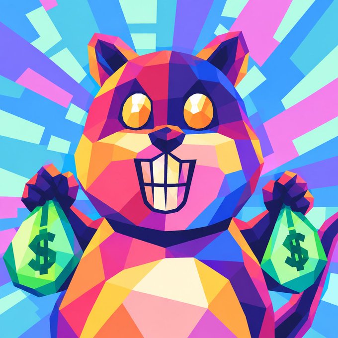 A colorful geometric/pop-art style illustration of a cat with big eyes and a toothy grin holding money bags with dollar signs against a vibrant radial background.