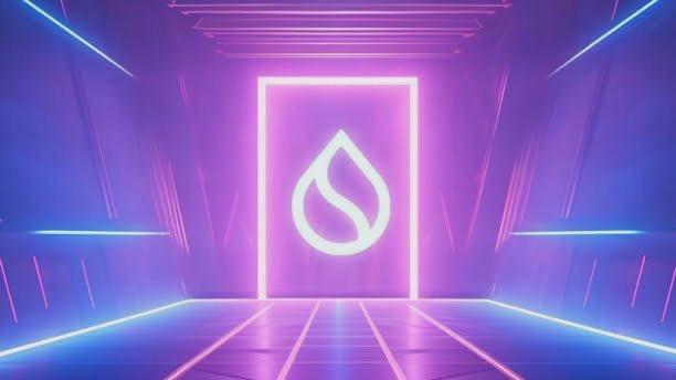 The image shows a digital rendering of an interior with neon lights from two different colors (blue and purple) that are casting a glow over the space. At the center, there's a white icon resembling a drop shape outlined in black. The background is dark, making the white drop stand out prominently.