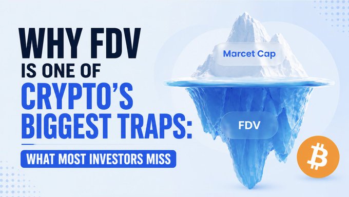 A graphic featuring an iceberg metaphor with "Market Cap" labeled above the waterline and "FDV" below, illustrating how the visible Market Cap hides the much larger Fully Diluted Valuation, alongside text reading "WHY FDV IS ONE OF CRYPTO'S BIGGEST TRAPS: WHAT MOST INVESTORS MISS" and a Bitcoin logo.