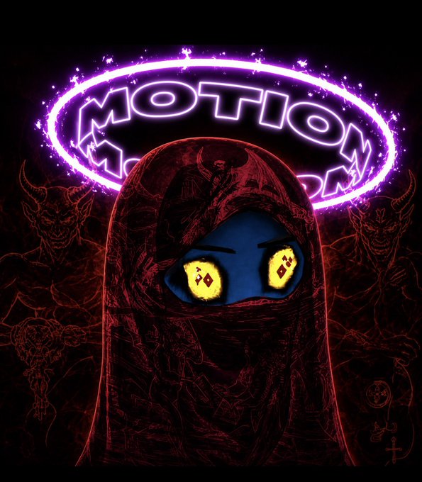 A dark, demonic illustration of a hooded figure with glowing yellow eyes under a purple neon halo reading 'MOTION'.