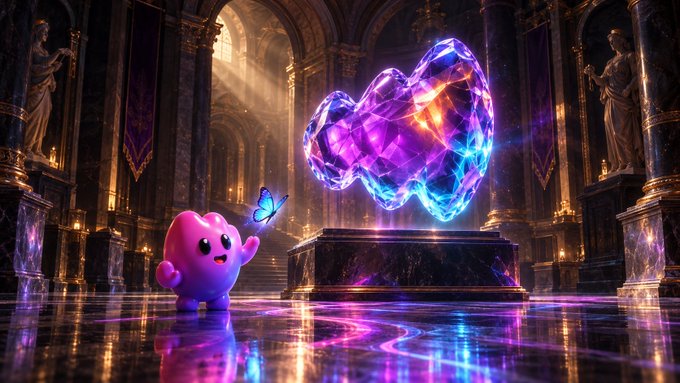 An AI-generated image shows a small pink character next to a glowing, multi-colored crystal heart on a pedestal in a grand hall.