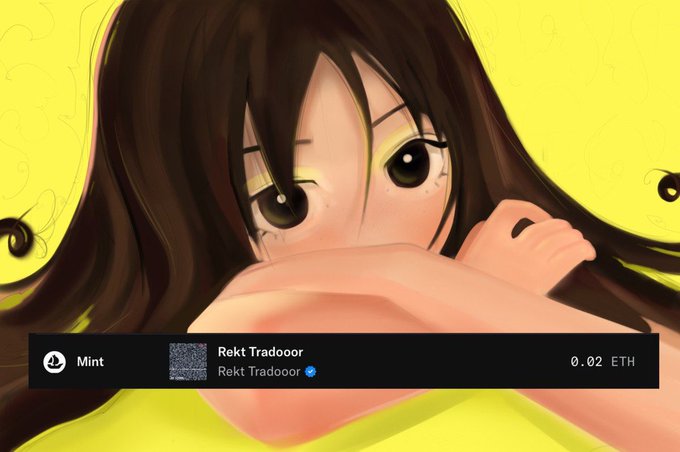 An NFT minting interface for 'Rekt Tradooor' priced at 0.02 ETH, featuring anime-style artwork of a girl with a black eye on a yellow background.