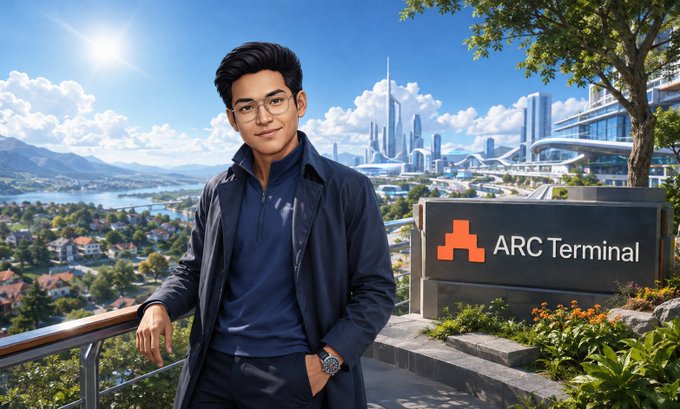 A young man wearing glasses and a dark blue jacket stands near a railing with a futuristic cityscape behind him, beside a sign that reads "ARC Terminal".