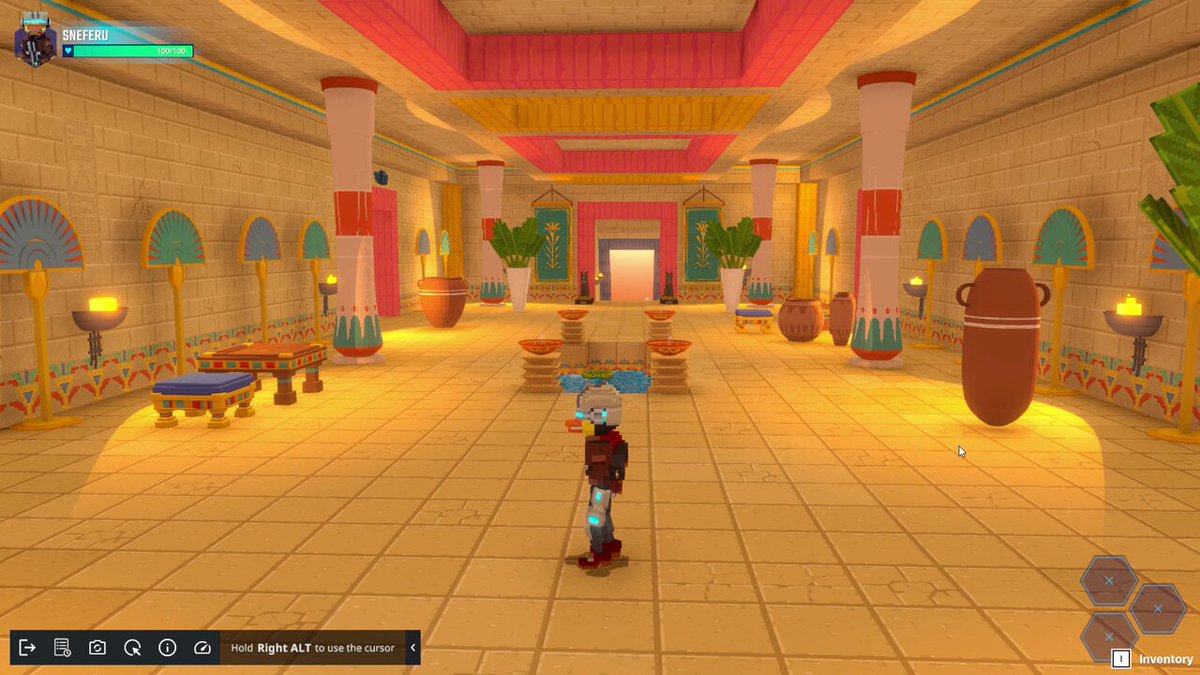 The image shows a large room with a cartoon-like style, possibly an Egyptian temple or museum. The room features two columns at the center, surrounded by numerous vases of various sizes placed throughout the space. A person can be seen standing near one of these vases, and there is also a small statue in the room. The image appears to be related to a Minecraft post that talks about "The Sandbox #sandboxgame #voxelart #TSBCreator #VoxEditWeekly #voxelart #tsbcreator #voxelart" and features a character named "hytale".
