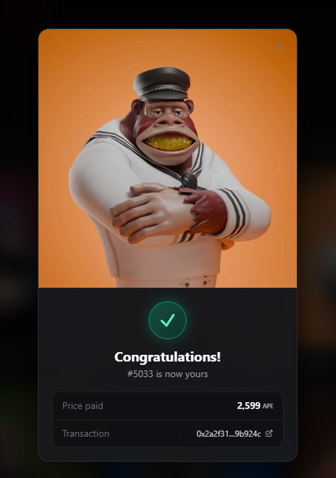 A digital NFT purchase confirmation screen showing 'Congratulations! #5033 is now yours' for a 3D sailor monkey character, purchased for 2,599 APE with a transaction hash visible.