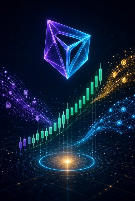 A digital artwork featuring a glowing geometric shape floating above an ascending green candlestick chart, surrounded by vibrant data flow lines and technological motifs on a dark background.