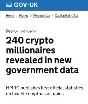 A GOV.UK press release headline reading '240 crypto millionaires revealed in new government data' about HMRC publishing first official statistics on taxable cryptoasset gains.