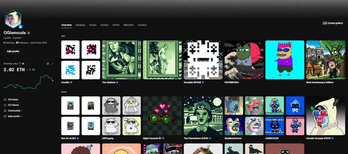 The image displays OpenSea's updated profile view for the user "OGlemonzade," featuring 2.02 ETH in profile value and a gallery of NFT collections including CryptoJingles, The Galaxis, Haruto Pi-686, PEPEVERSE, and Bold Anniversary Edition, along with a portfolio chart showing price trends. This aligns with the post highlighting the refreshed, cleaner look of OpenSea's new profile interface.