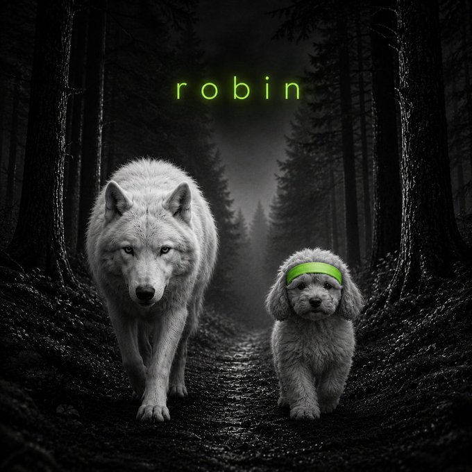 A black-and-white forest scene shows a white wolf walking alongside a small poodle wearing a green headband, with the word "robin" displayed in glowing green text above them, visually evoking an unlikely "wolfpack" partnership that mirrors the post's message about $robin being a strong, fundamentals-backed meme coin within the Robinhood ecosystem.