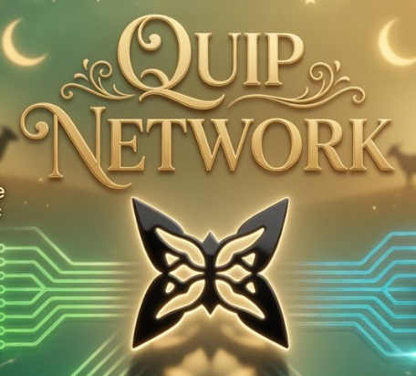 The image features a butterfly with black wings against a green background. The butterfly appears to be floating or hovering above the text "quip network" written below it, which suggests that the butterfly might symbolize the concept of Quip Network. This could represent the idea that Quip is focused on solving problems at the core level rather than just competing in the surface-level aspects of the industry. The butterfly's symbolism may also indicate a sense of transformation or evolution within the Quip network, as it floats above the text and interacts with its surroundings.