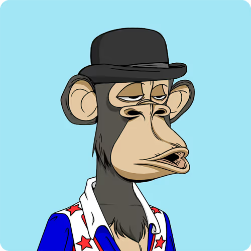 A cartoon illustration depicts a Bored Ape-style monkey character wearing a black bowler hat and a blue suit with red stars on a white shirt, set against a light blue background.