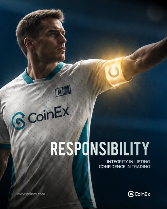 A CoinEx advertisement featuring a soccer player in a white jersey, with the text 'RESPONSIBILITY - INTEGRITY IN LISTING, CONFIDENCE IN TRADING' and www.coinex.com.