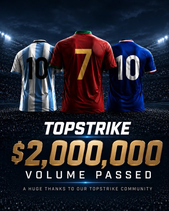 Promotional graphic celebrating 'TOPSTRIKE' with three jerseys (Argentina #10, Portugal #7, France #10) and text reading '$2,000,000 VOLUME PASSED - A HUGE THANKS TO OUR TOPSTRIKE COMMUNITY'.