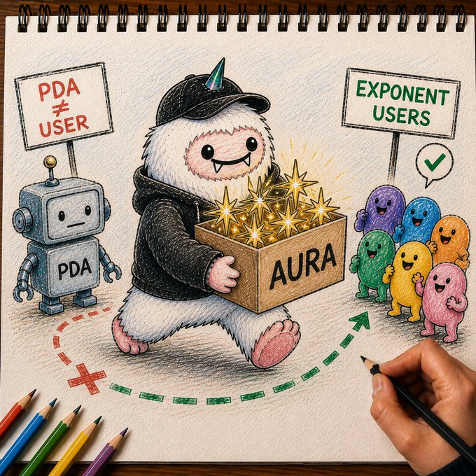 A hand-drawn sketch in a notebook illustrates the concept 'PDA ≠ USER' with a robot, while 'EXPONENT USERS' leads to colorful characters, connected to a box labeled 'AURA'.