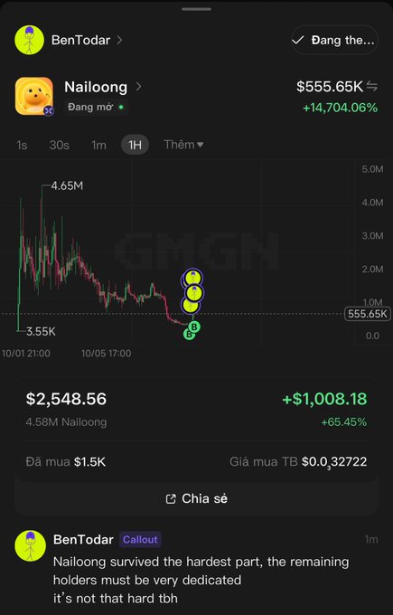 A cryptocurrency chart screenshot showing 'Nailoong' with a price of $555.65K and a gain of +14,704.06%, along with a user comment from 'BenTodar' saying 'Nailoong survived the hardest part...'.