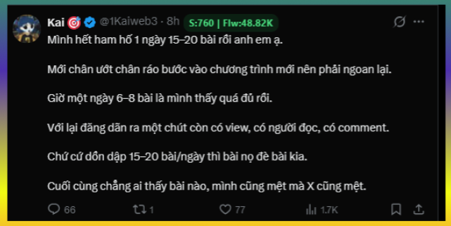 A screenshot of a tweet in Vietnamese from user @1Kaiweb3, expressing hate for writing 15-20 articles a day and describing it as exhausting and unrewarding.