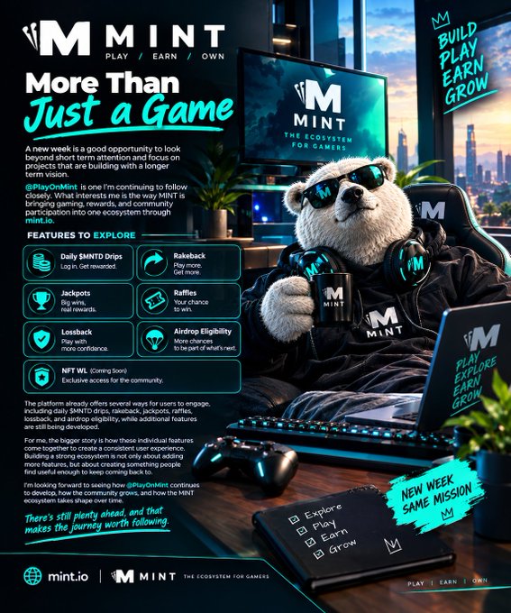 A MINT.io promotional newsletter titled 'More Than Just a Game' featuring a panda mascot wearing sunglasses at a gaming setup, with details about features including Daily $MNTD Drips, Rakeback, Jackpots, Raffles, Lossback, and Airdrop Eligibility.