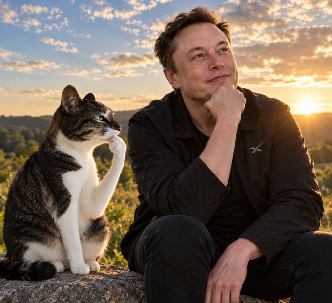 A man resembling Elon Musk, wearing a dark jacket with a SpaceX logo, sits beside a tabby and white cat on a rock; both are posed with paws/hand resting near their chins, looking off to the side against a scenic sunset backdrop.
