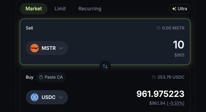 The image shows a crypto swap interface displaying a market order to sell 10 MSTR (worth $965) for USDC, receiving 961.975223 USDC (~$961.84) with a 0.33% rate shown, illustrating the quick, low-fee MSTR to USDC swap mentioned in the post about MSTR trading on Solana via Sunrise.